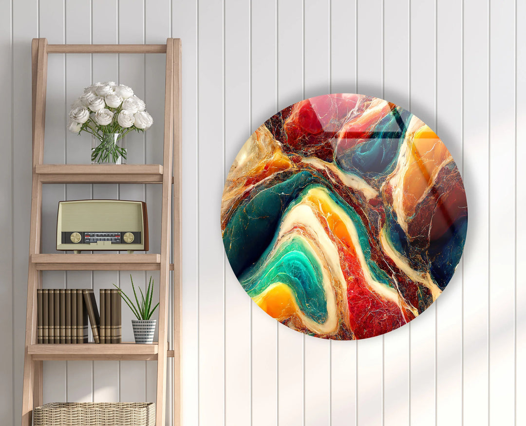 Colorful Marble Swirl Round Wall Art – Abstract Glass Decor with Earthy Tones & Gemstone Texture - MyPhotoStation