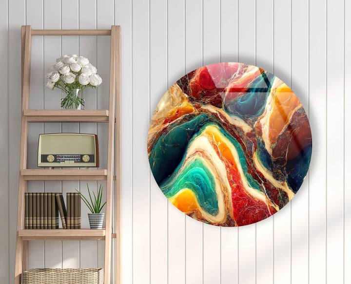 Colorful Marble Swirl Round Wall Art – Abstract Glass Decor with Earthy Tones & Gemstone Texture - MyPhotoStation