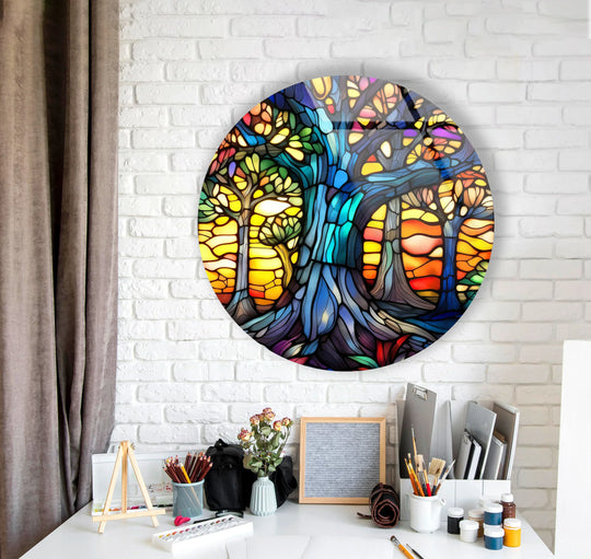 Intertwining branches and roots create a mesmerizing pattern in this Mystic Grove stained glass tree, a piece of unique modern wall decor.
