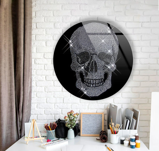 The darkest area showcases a crystal skull sparkling against the black in this round glass wall art decor, offering a gothic chic statement piece.