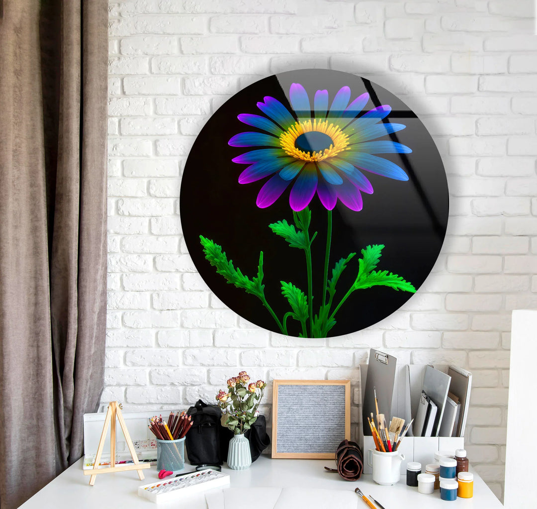 Neon Daisy Flower Wall Art – Round Glass Print with Black Background, Colorful Petals & Green Stem - MyPhotoStation