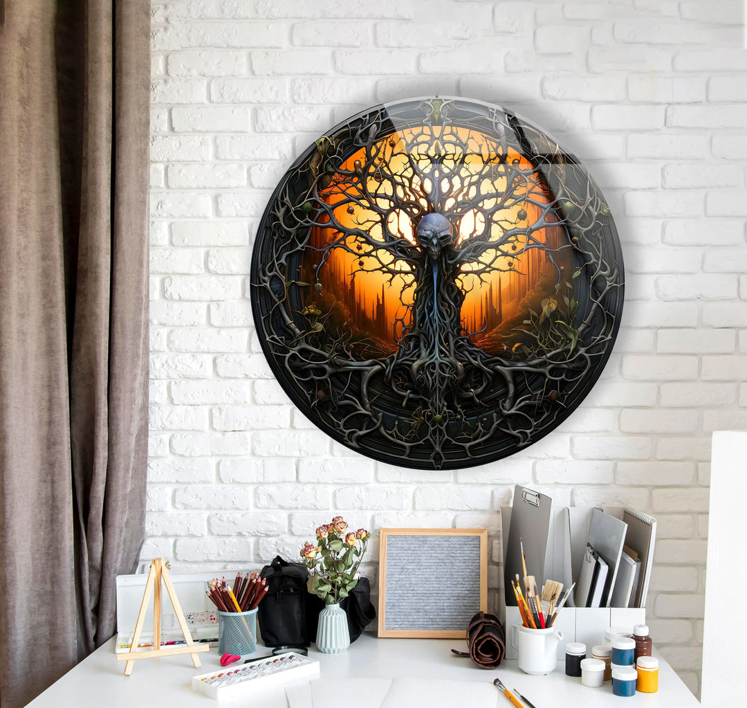 Gothic Skull Tree Round Wall Art – Dark Fantasy Glass Decor for Horror & Halloween Lovers - MyPhotoStation
