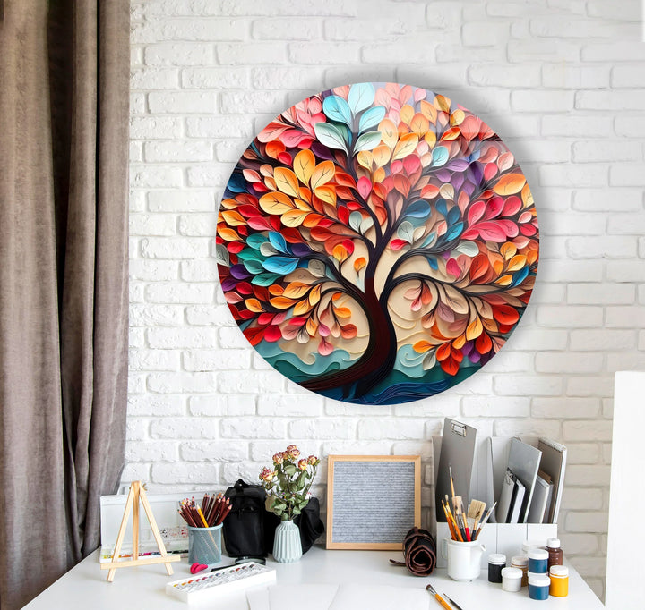 Whimsical Rainbow Tree Round Wall Art – Multicolor Glass Wall Decor for Living Room & Office - MyPhotoStation