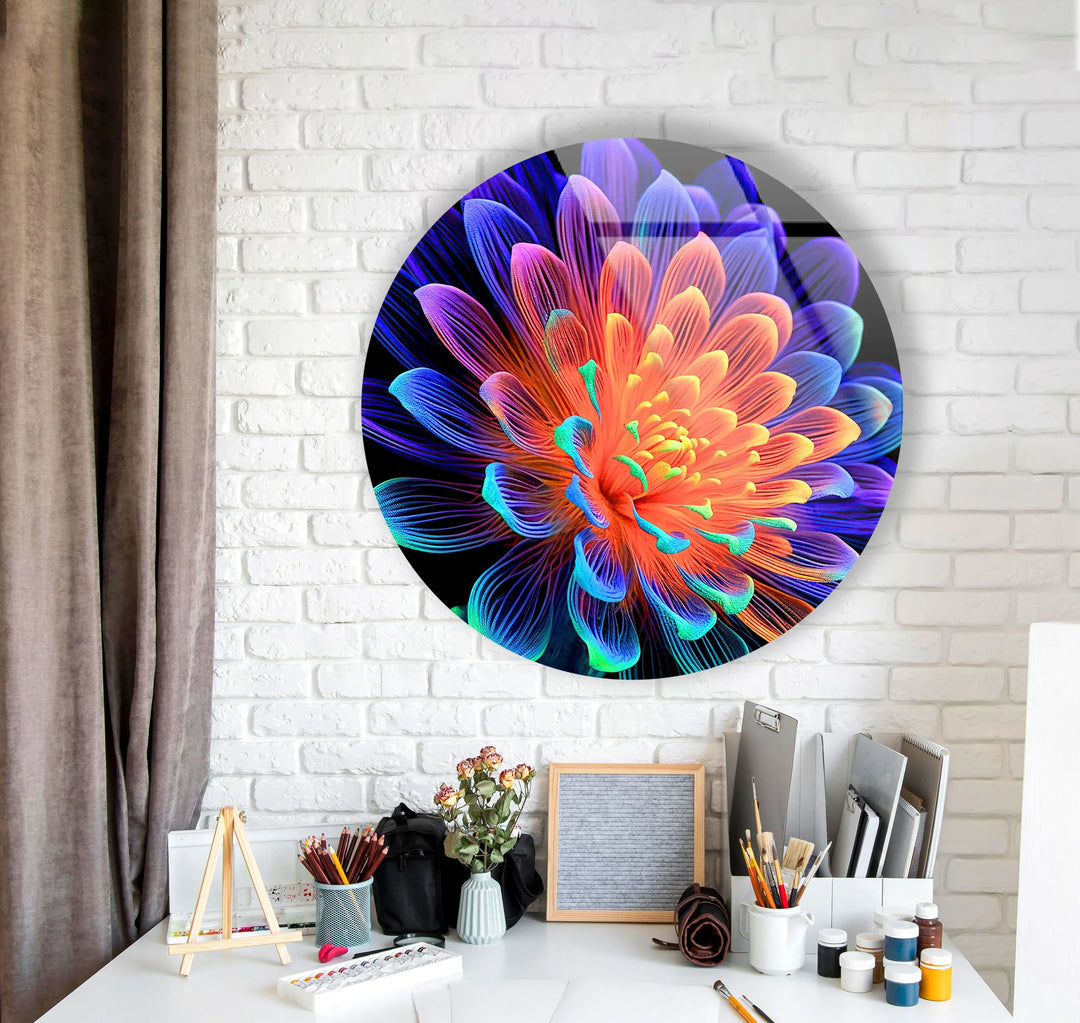 Neon Rainbow Flower Wall Art – Vibrant Glass Print with Glowing Petals on Black for Modern and Artistic Interiors - MyPhotoStation