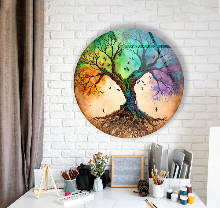 Dual Tree of Life Wall Art – Colorful Round Glass Print with Roots and Birds for Modern Home Decor - MyPhotoStation