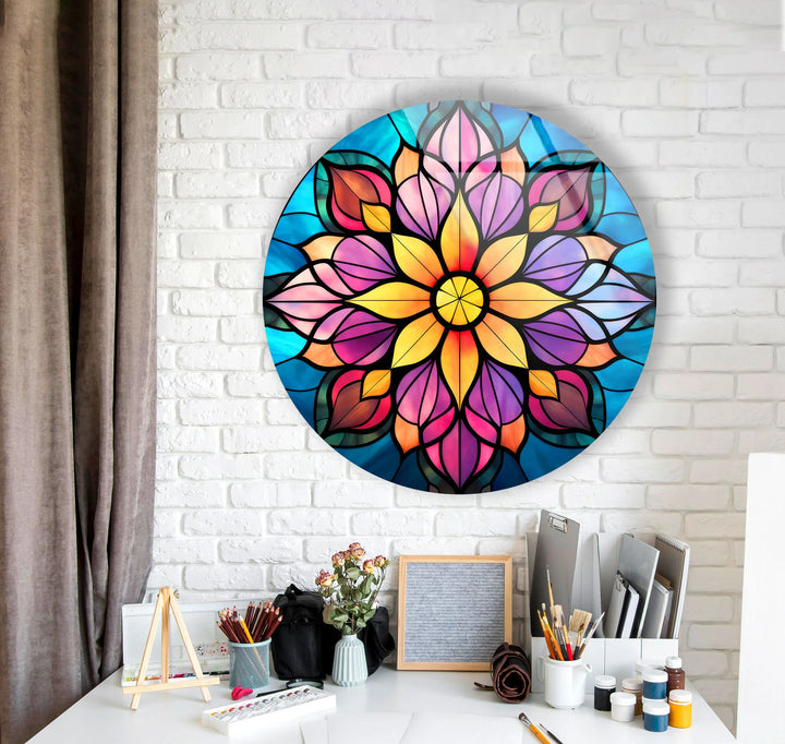 Mandala Lotus Flower Glass Wall Art – Round Stained Glass Style Floral Decor for Zen & Boho Homes - MyPhotoStation