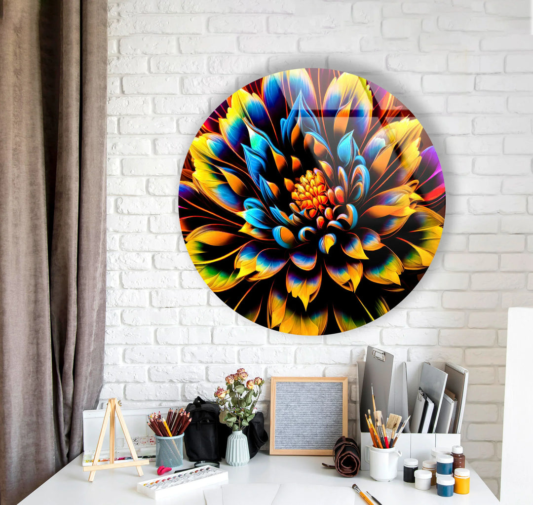 Vibrant Neon Flower Wall Art – Round Glass Decor with Black Background, Bold Petals & UV Print - MyPhotoStation