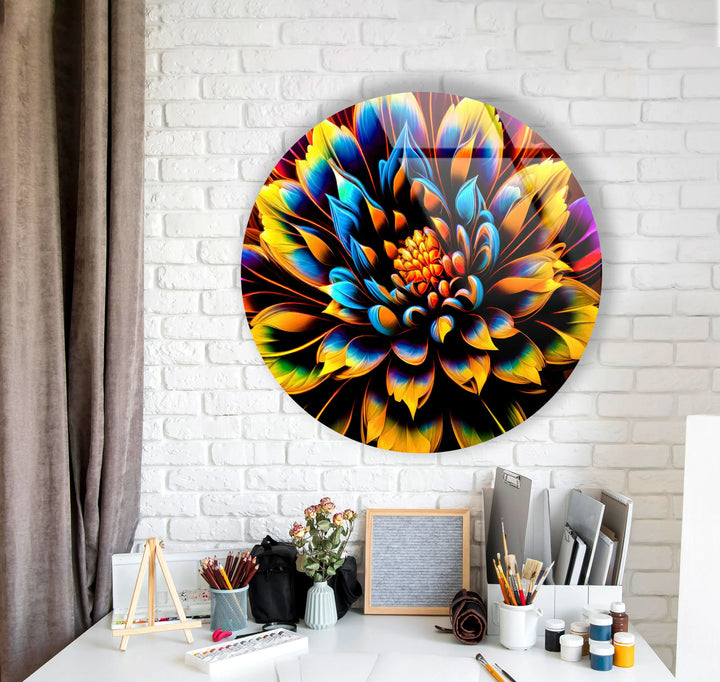 Vibrant Neon Flower Wall Art – Round Glass Decor with Black Background, Bold Petals & UV Print - MyPhotoStation
