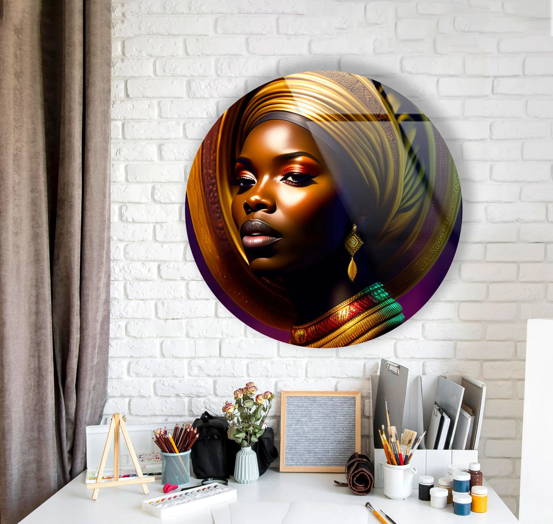 African Woman Portrait Wall Art – Bold Round Glass Print with Golden Headwrap for Modern & Cultural Decor - MyPhotoStation
