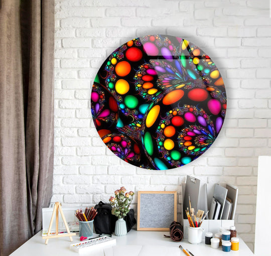 Dominant color bursts from the psychedelic fractal round glass decor, making it the best glass art for a vibrant color explosion on any wall.