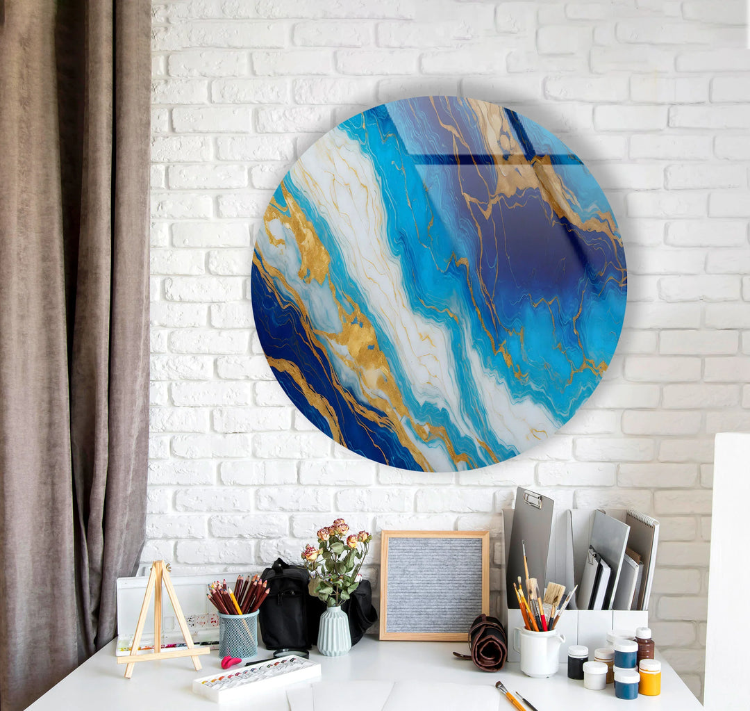 Blue Marble and Gold Wall Art – Glossy Glass Print with White and Gold Veins for Sophisticated Modern Interiors - MyPhotoStation