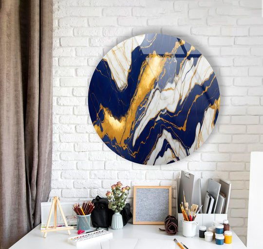 Illuminating the room, the brightest area highlights the gold accents in this round Midnight Marble glass wall art, showcasing a stunning effect of glass printing.