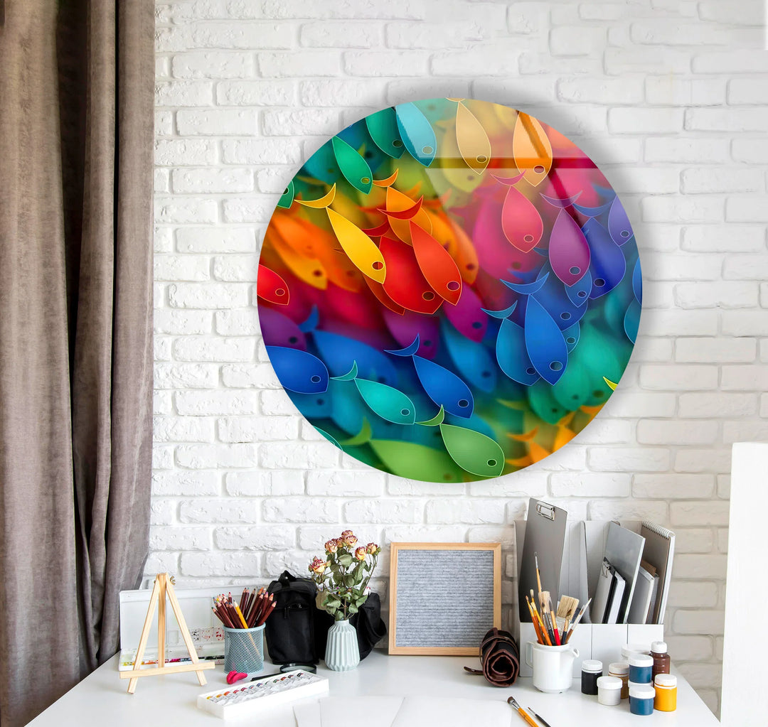 Rainbow Fish Wall Art – Vertical Colorful Glass Print with Vibrant School of Fish Design for Coastal and Playful Interiors - MyPhotoStation