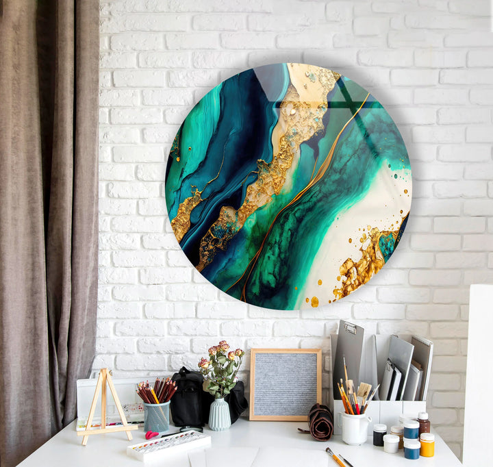 Turquoise Gold Marble Round Wall Art – Ocean-Inspired Luxury Glass Decor for Modern Interiors - MyPhotoStation