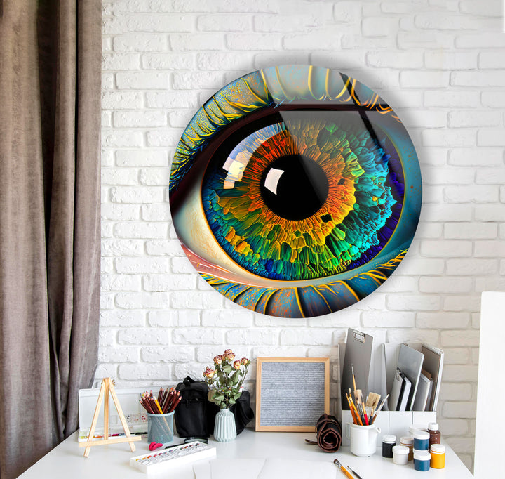Rainbow Eye Wall Art in Round Glass – Colorful Abstract Vision Decor
