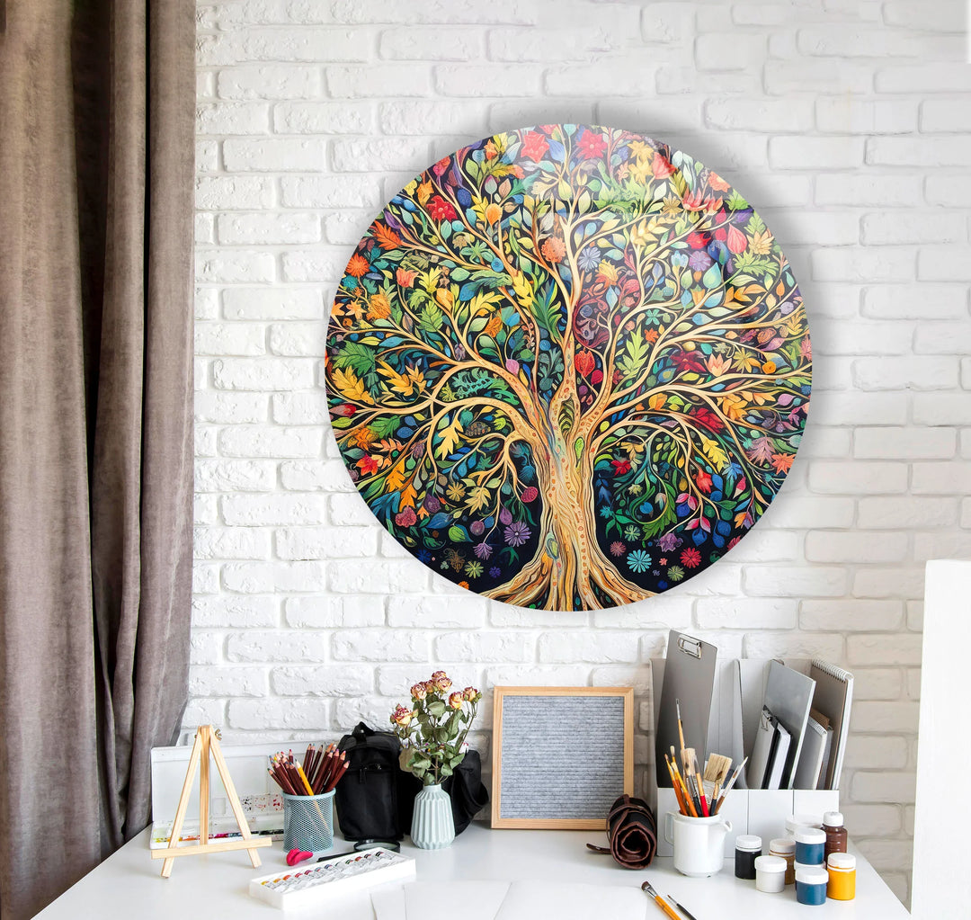Colorful Tree of Life Wall Art – Multicolor Glass Print with Leaves and Roots for Boho, Nature-Inspired, and Spiritual Interiors - MyPhotoStation