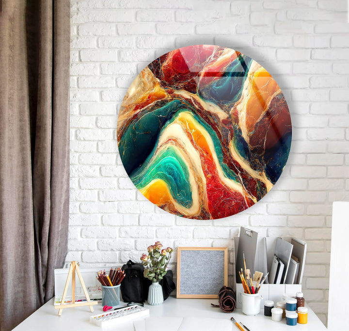 Colorful Marble Swirl Round Wall Art – Abstract Glass Decor with Earthy Tones & Gemstone Texture - MyPhotoStation