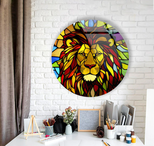 Bold color contrast defines this round stained glass lion glass wall artwork, highlighting the majestic jungle king design's vibrancy on a white brick wall.