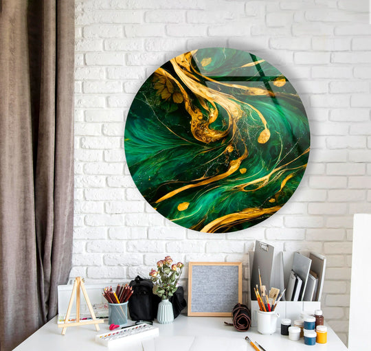Softest textures define the modern interior's abstract round emerald and gold swirl, luxury glass art painting, with a touch of movement.