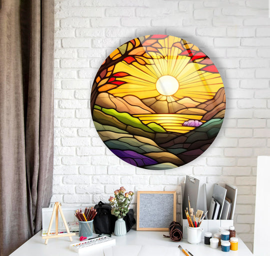 Highlighting the precision glass printing, the edge and borders of this vibrant round glass wall art accent the colorful sunrise landscape design.