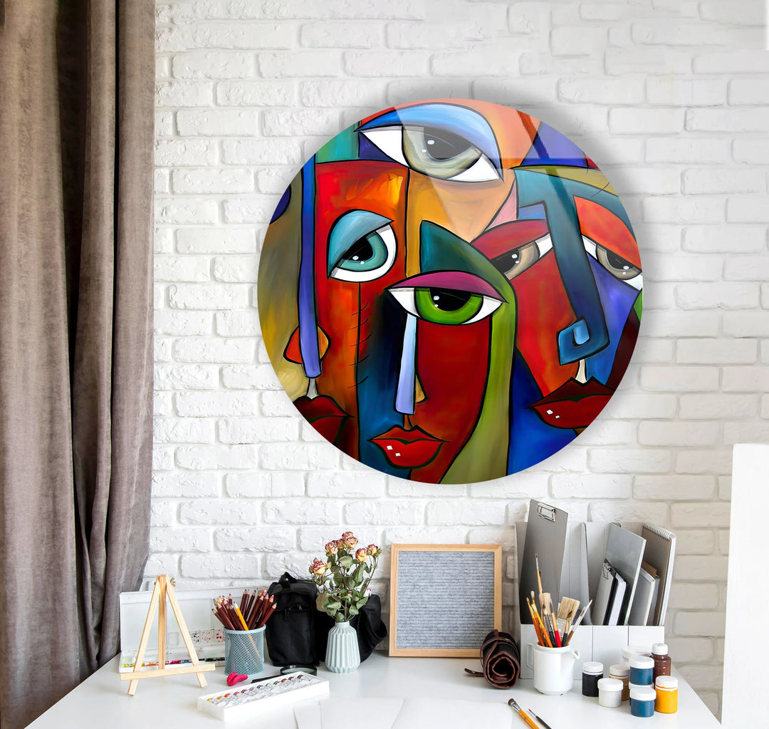 Colorful Cubist Face Round Wall Art – Abstract Glass Decor with Modern Picasso Style - MyPhotoStation
