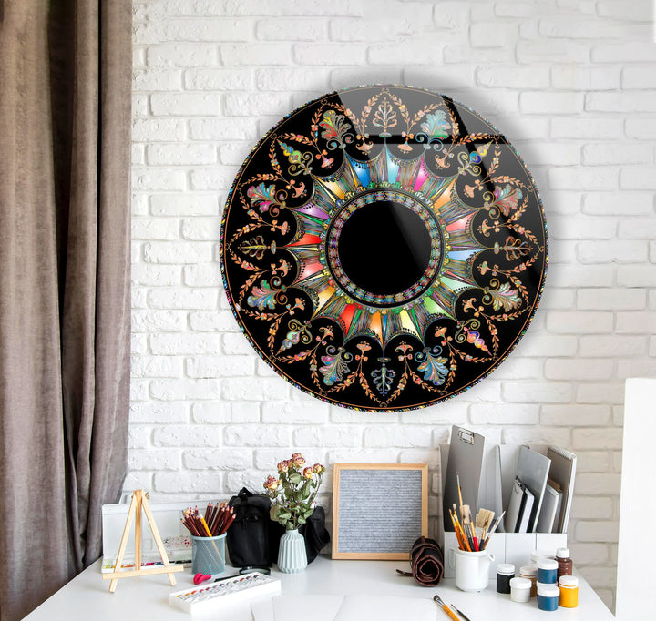 Mandala Round Wall Art – Ornate Colorful Glass Print with Black Background for Luxe Boho or Modern Decor - MyPhotoStation