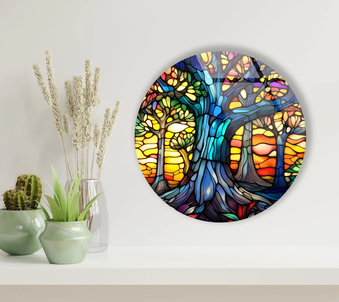 Stained Glass Tree of Life Wall Art – Round Vibrant Forest Print for Spiritual Home Decor - MyPhotoStation