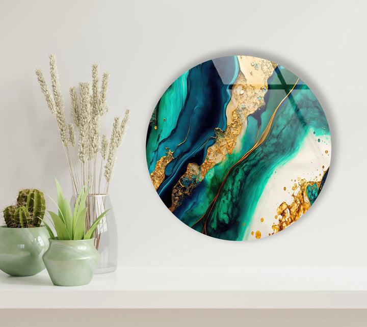 Turquoise Gold Marble Round Wall Art – Ocean-Inspired Luxury Glass Decor for Modern Interiors - MyPhotoStation