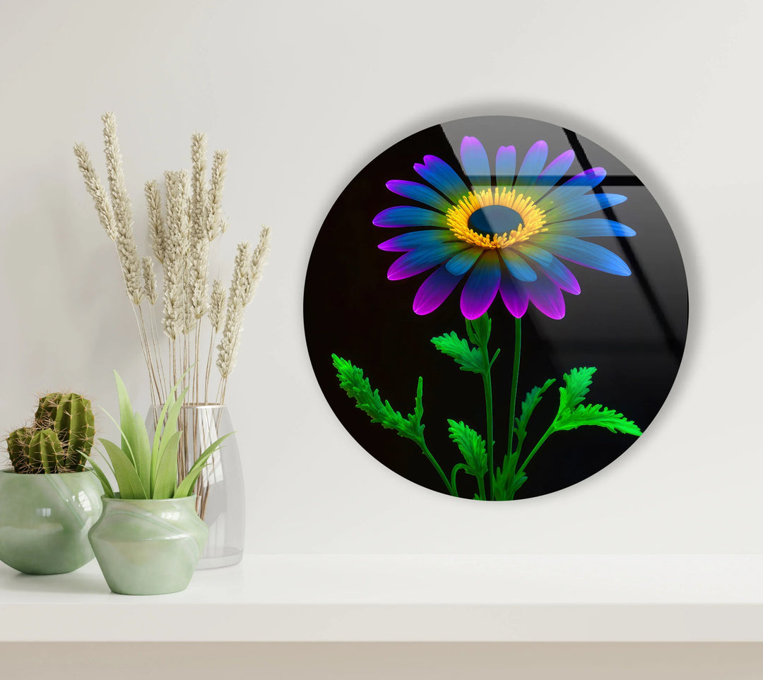 Neon Daisy Flower Wall Art – Round Glass Print with Black Background, Colorful Petals & Green Stem - MyPhotoStation