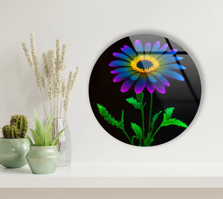 Neon Daisy Flower Wall Art – Round Glass Print with Black Background, Colorful Petals & Green Stem - MyPhotoStation