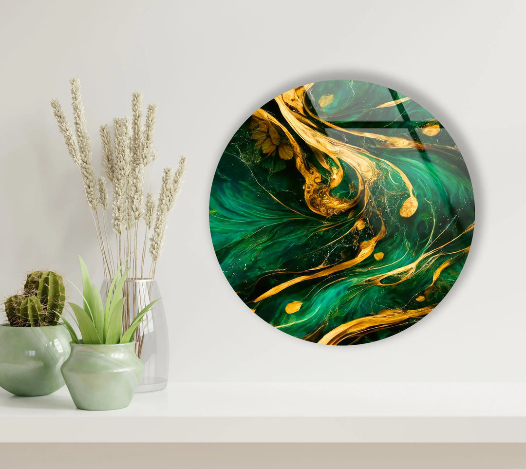 Emerald Gold Abstract Round Wall Art – Luxury Glass Decor for Modern Interiors - MyPhotoStation