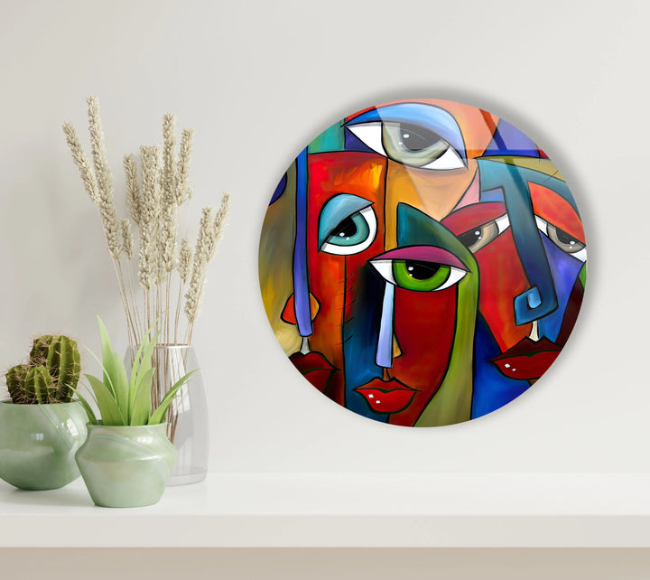 Colorful Cubist Face Round Wall Art – Abstract Glass Decor with Modern Picasso Style - MyPhotoStation