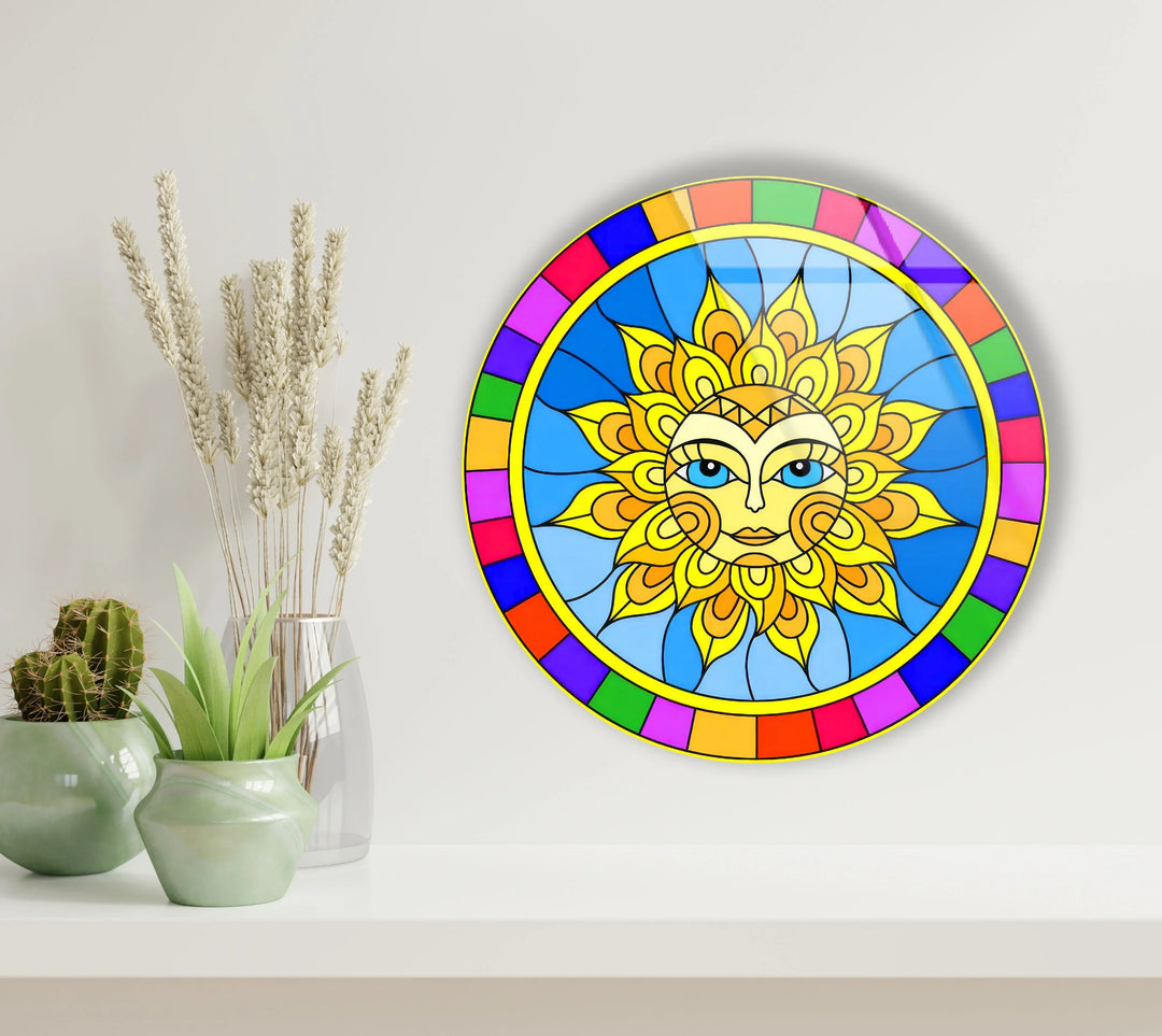 Colorful Sun Face Round Wall Art – Boho Celestial Decor in Glass - MyPhotoStation