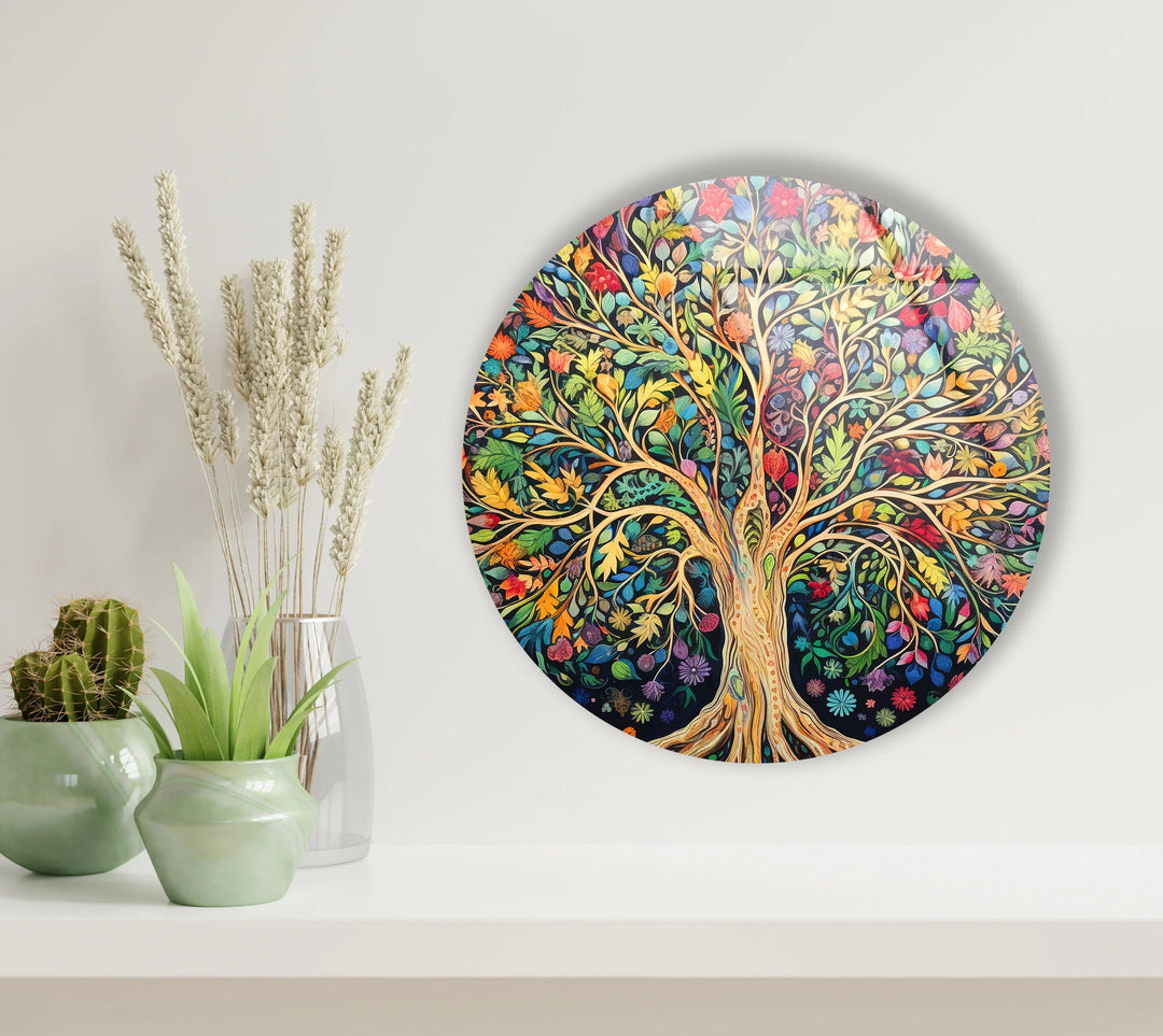 Colorful Tree of Life Wall Art – Round Glass Print with Vibrant Botanical Design for Nature-Inspired Home Decor - MyPhotoStation