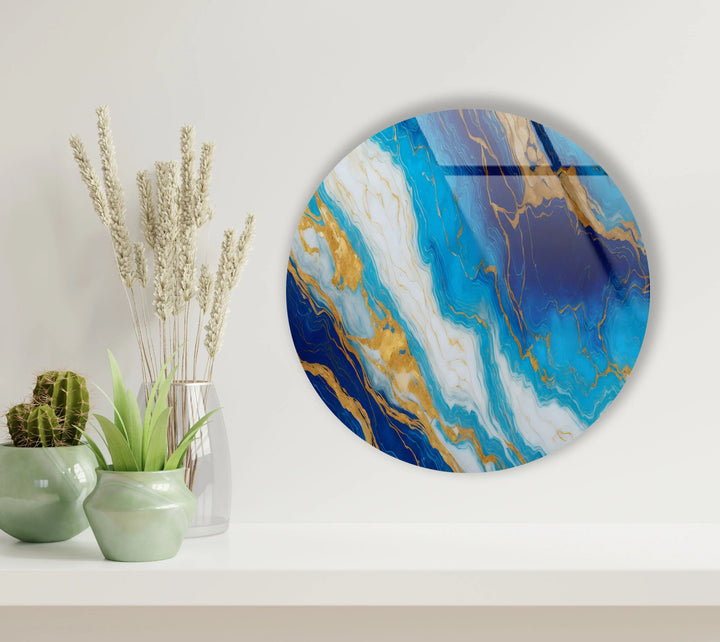 Turquoise & Sapphire Marble Round Wall Art – Elegant Glass Print for Luxurious Modern Decor - MyPhotoStation