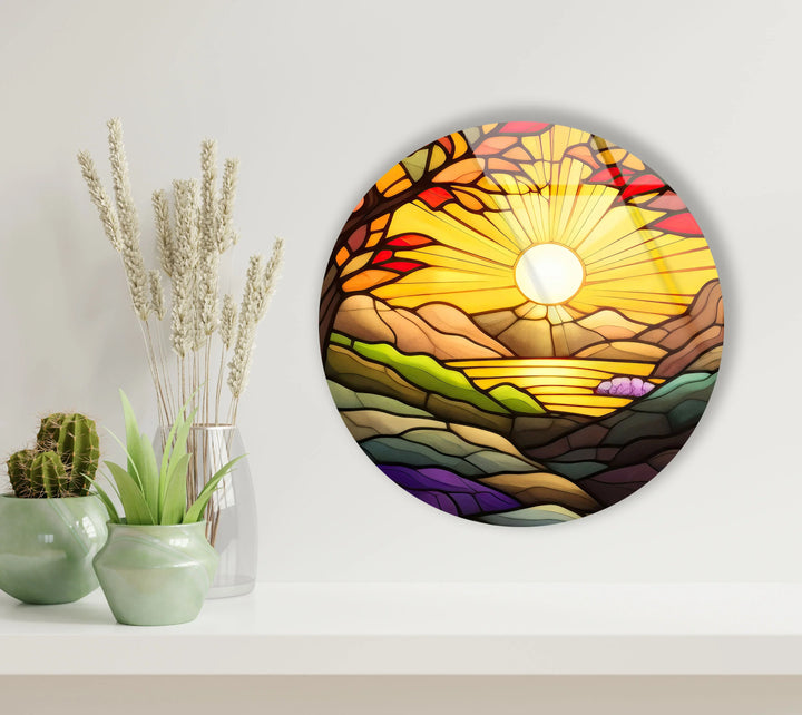 Sunrise Landscape Wall Art – Vibrant Round Stained Glass Style Glass Print for Living Room or Entryway - MyPhotoStation