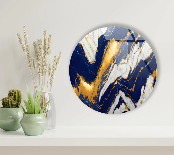 Royal Blue & Gold Marble Round Wall Art – Luxurious Tempered Glass Accent for Modern Interiors - MyPhotoStation