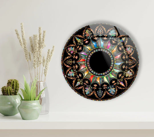 Visual rhythm emanates from this round glass wall art, a radiant mandala showcasing its unique modern wall decor with a central, mesmerizing abstract pattern.