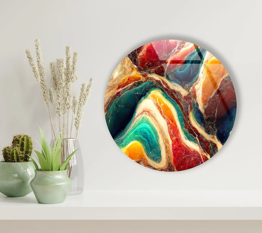 Striking color contrast emphasizes the swirling patterns in this round abstract wall art prints, creating a vivid marble flow effect on the glass.