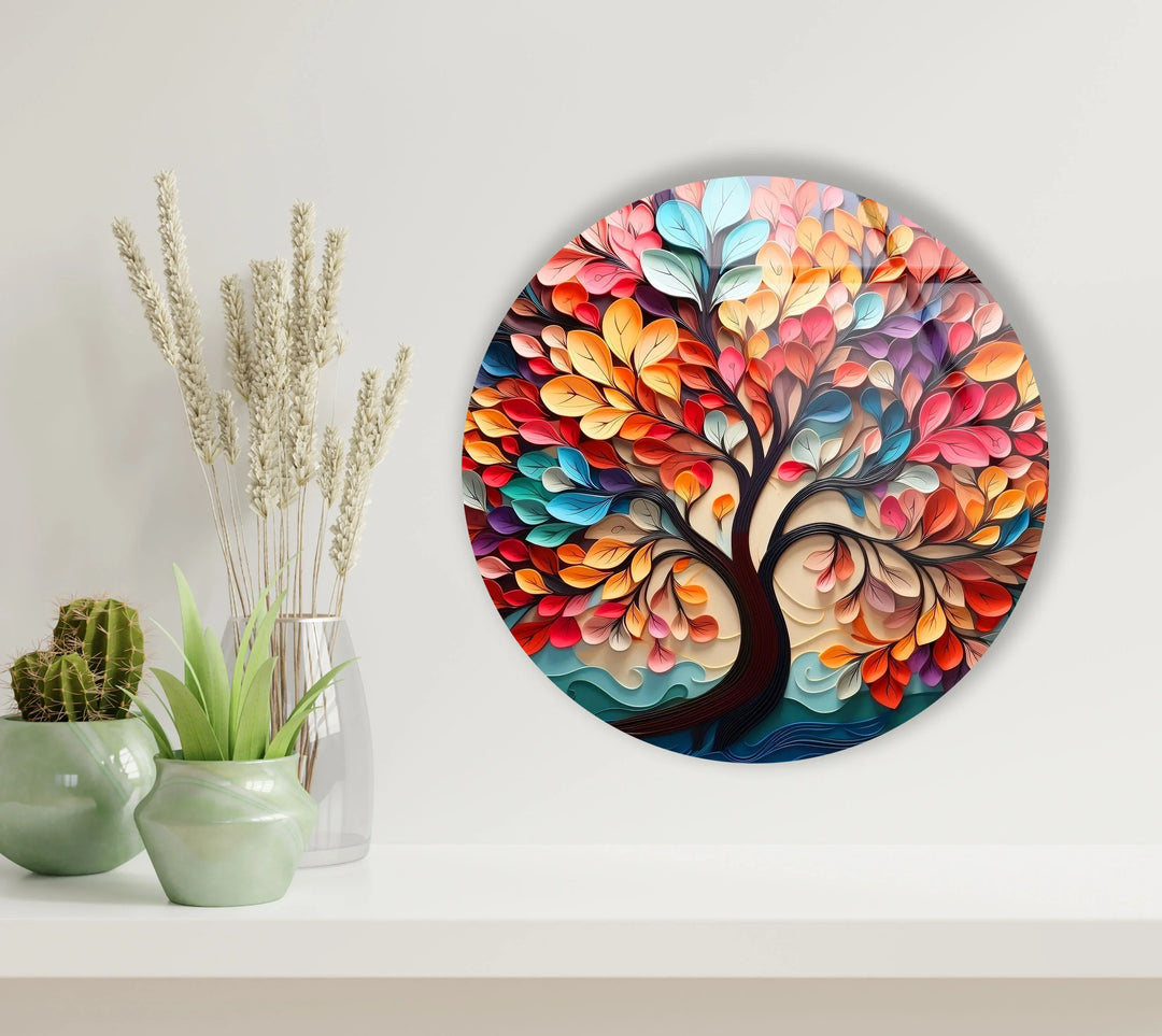 Whimsical Rainbow Tree Round Wall Art – Multicolor Glass Wall Decor for Living Room & Office - MyPhotoStation