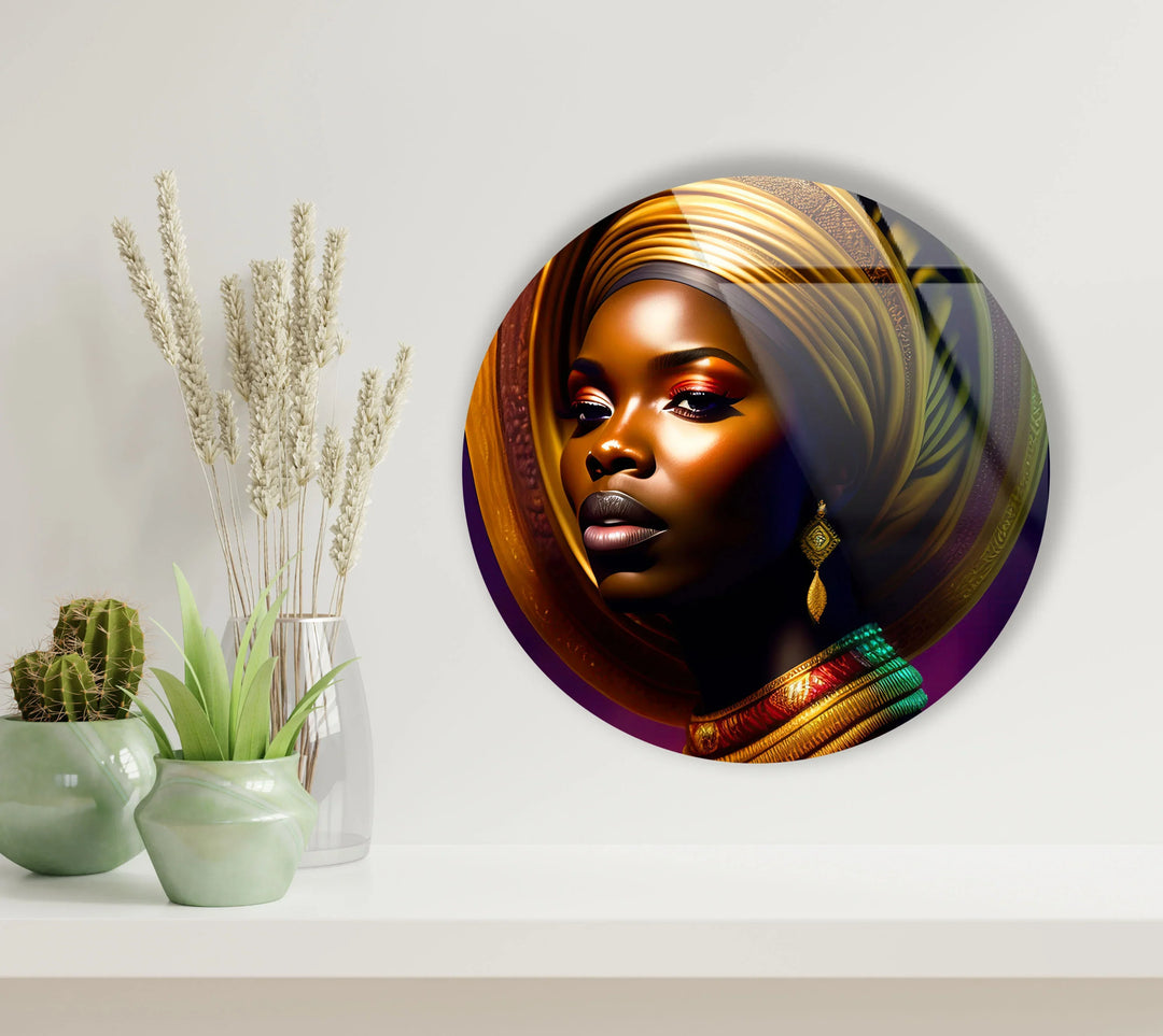 African Woman Portrait Wall Art – Bold Round Glass Print with Golden Headwrap for Modern & Cultural Decor - MyPhotoStation