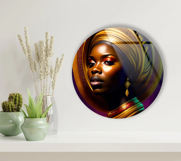 African Woman Portrait Wall Art – Bold Round Glass Print with Golden Headwrap for Modern & Cultural Decor - MyPhotoStation