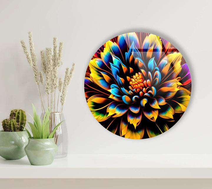 Vibrant Neon Flower Wall Art – Round Glass Decor with Black Background, Bold Petals & UV Print - MyPhotoStation