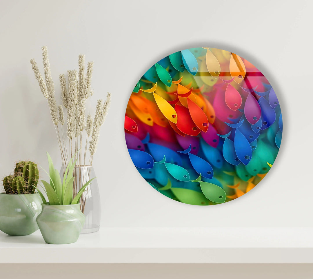 Rainbow Fish Round Wall Art – Vibrant Colorful Ocean-Inspired Glass Decor - MyPhotoStation