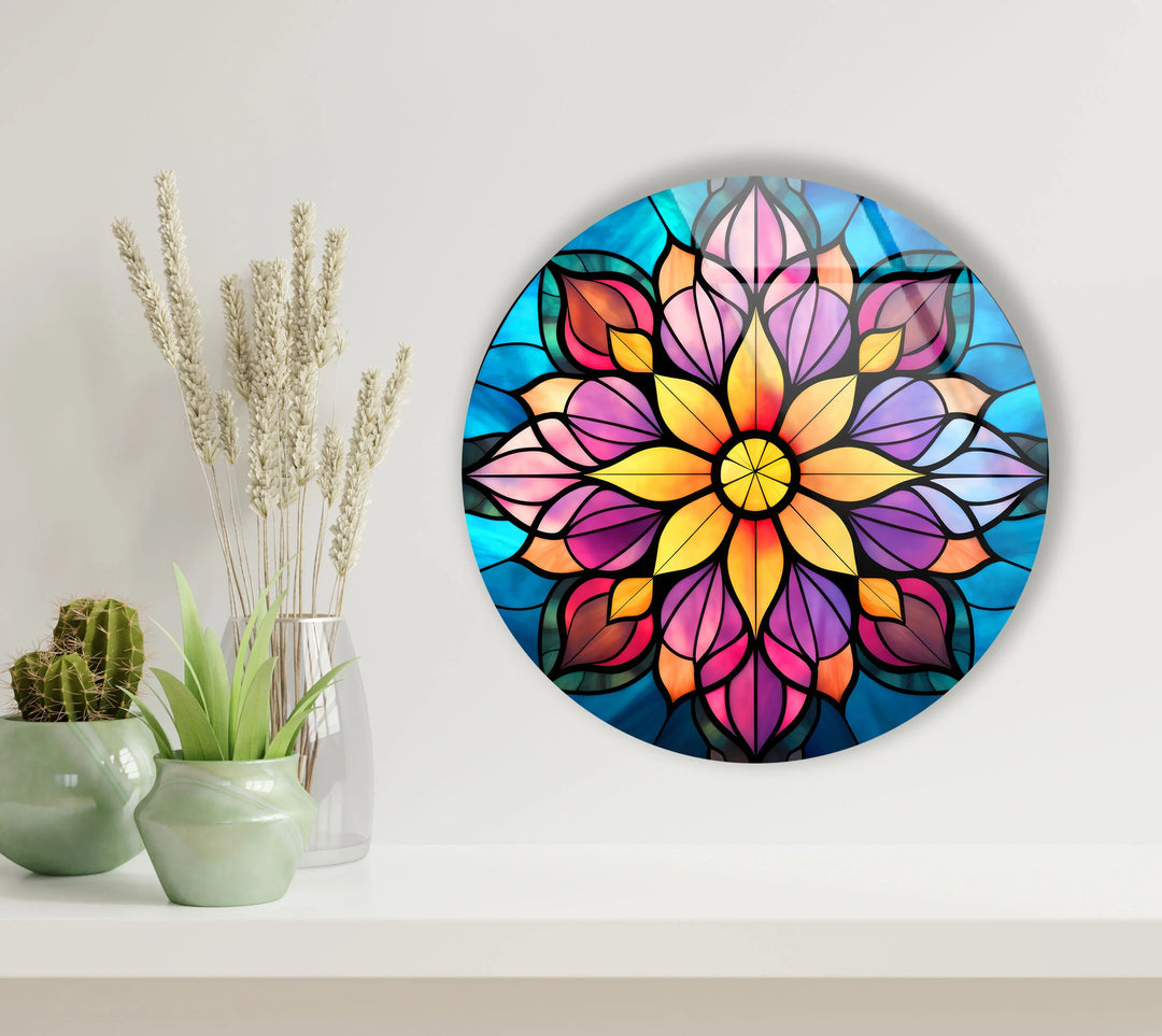 Mandala Lotus Flower Glass Wall Art – Round Stained Glass Style Floral Decor for Zen & Boho Homes - MyPhotoStation