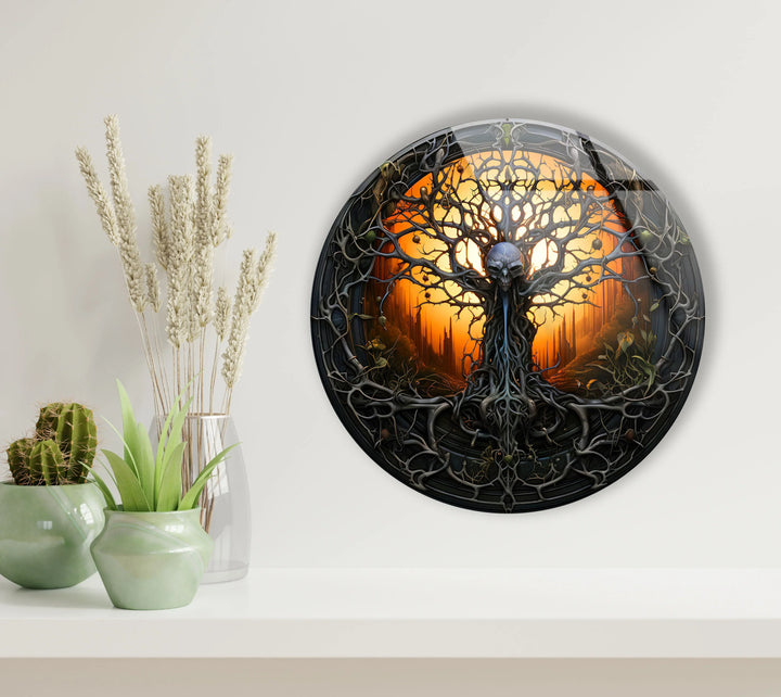 Gothic Skull Tree Round Wall Art – Dark Fantasy Glass Decor for Horror & Halloween Lovers - MyPhotoStation
