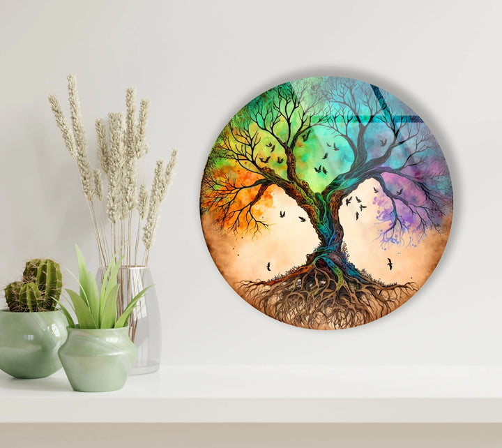 Dual Tree of Life Wall Art – Colorful Round Glass Print with Roots and Birds for Modern Home Decor - MyPhotoStation