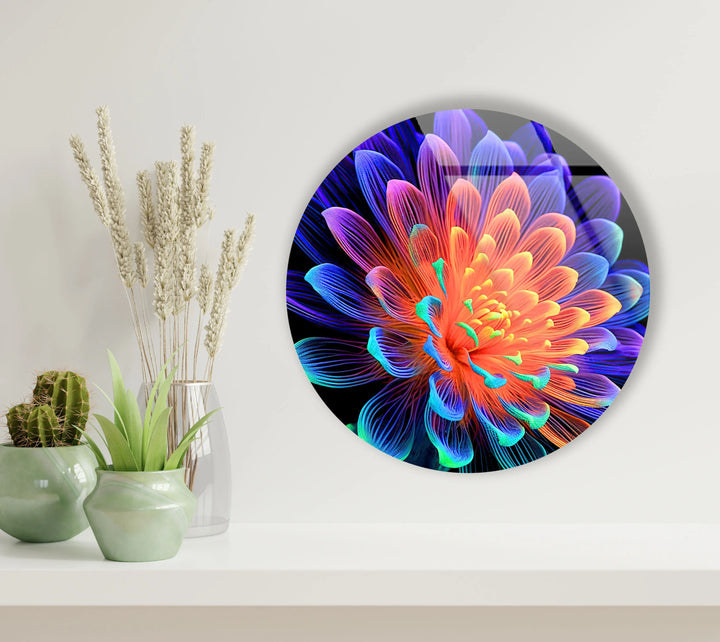 Radiant Neon Flower Glass Wall Art – Round Modern Decor with Vivid Color Petals - MyPhotoStation