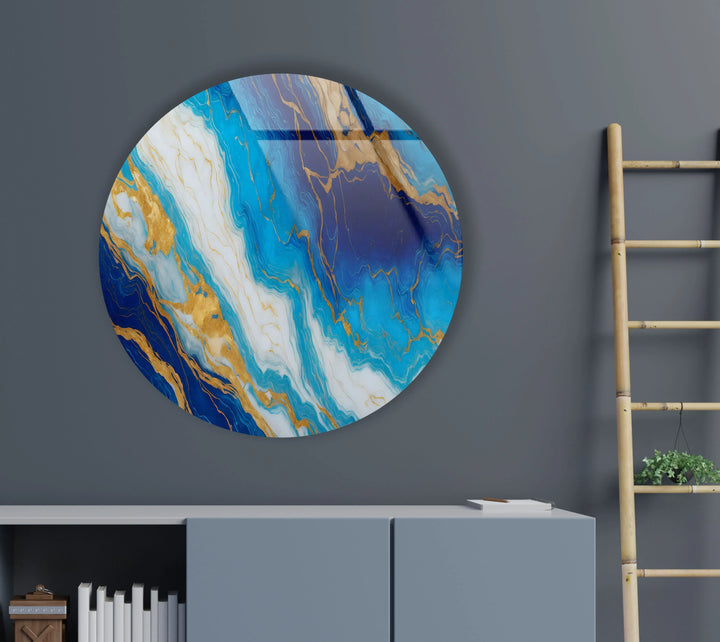 Turquoise & Sapphire Marble Round Wall Art – Elegant Glass Print for Luxurious Modern Decor - MyPhotoStation