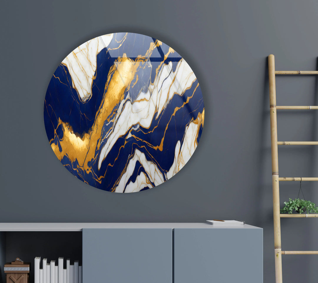 Royal Blue & Gold Marble Round Wall Art – Luxurious Tempered Glass Accent for Modern Interiors - MyPhotoStation